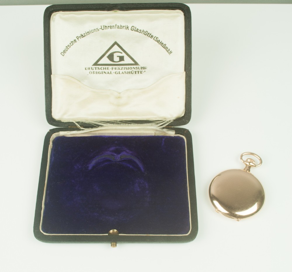 GLASHUTTE ORIGINAL. A FINE QUALITY 14K GOLD HUNTER CASE LEVER POCKET WATCH. View XII