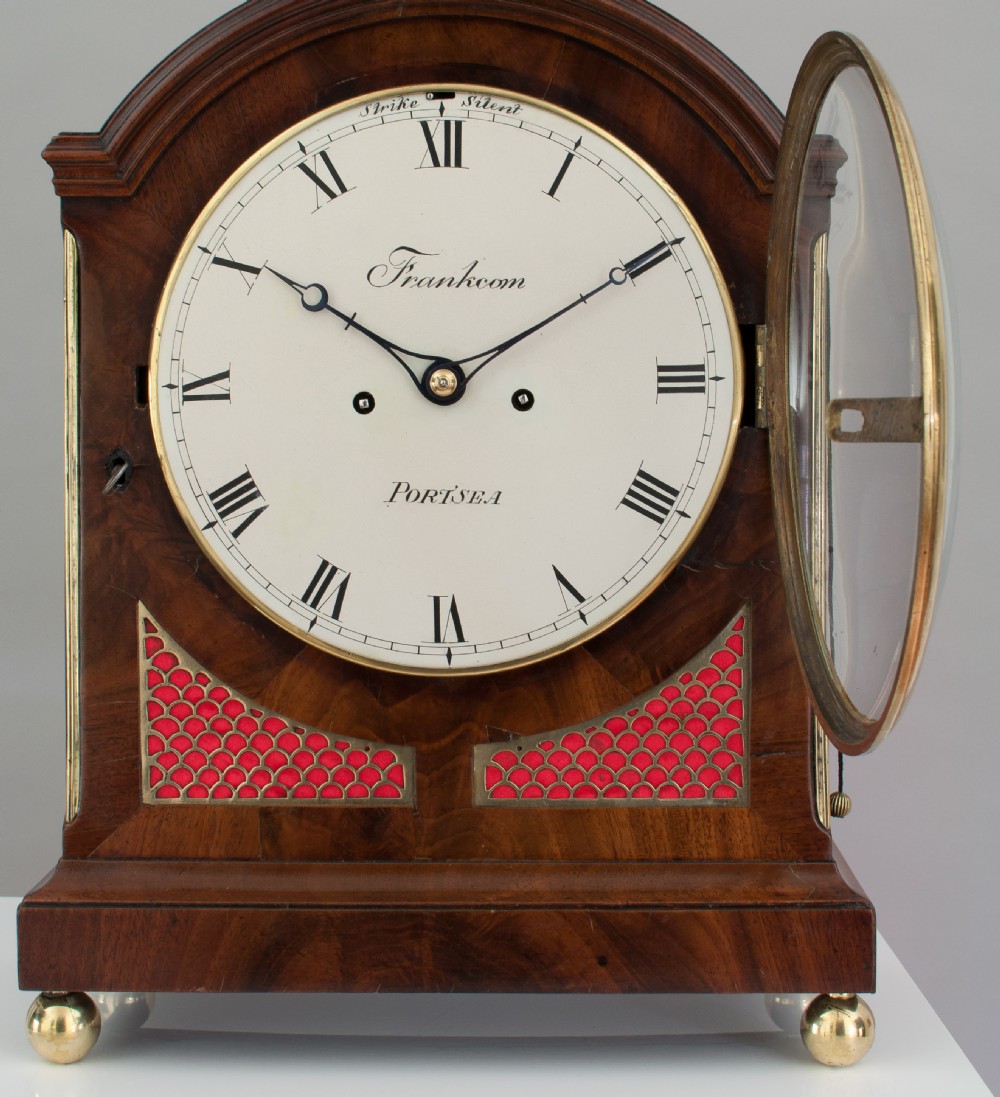 A fine quality Georgian mahogany bracket clock by Handley and Moore of London, retailed by George Frankcom of Portsea, c.1800. View X