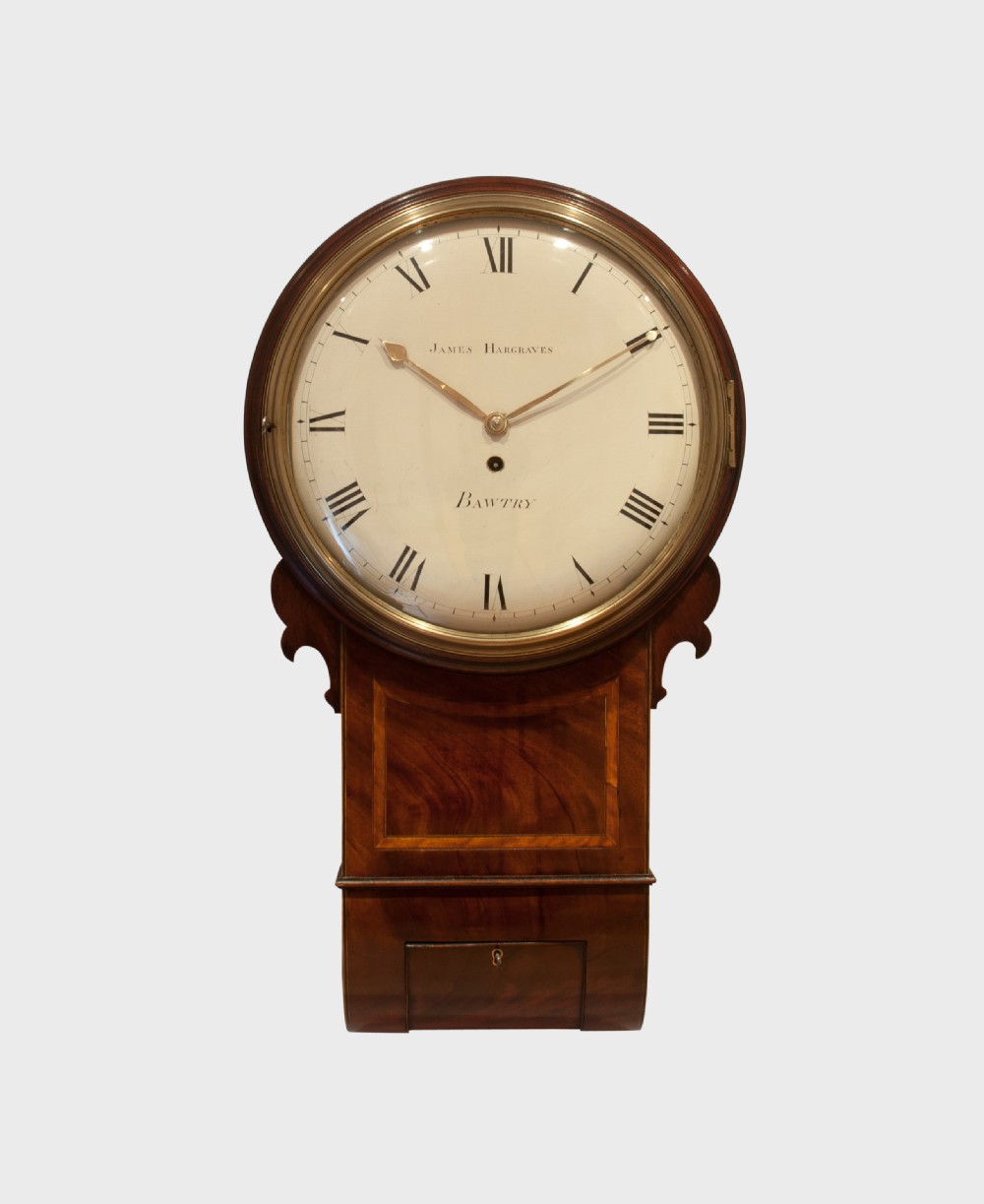A fine quality 8 day English fusee timepiece trunk dial wall clock by James Hargraves of Bawtry circa 1820