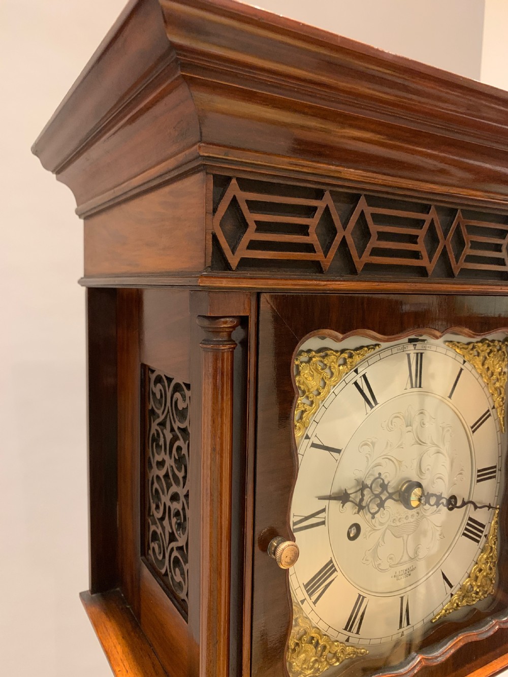 Gillett & Johnston, Westminster chiming mahogany long case / grandmother / grandfather / regulator clock c. 1920 View VI