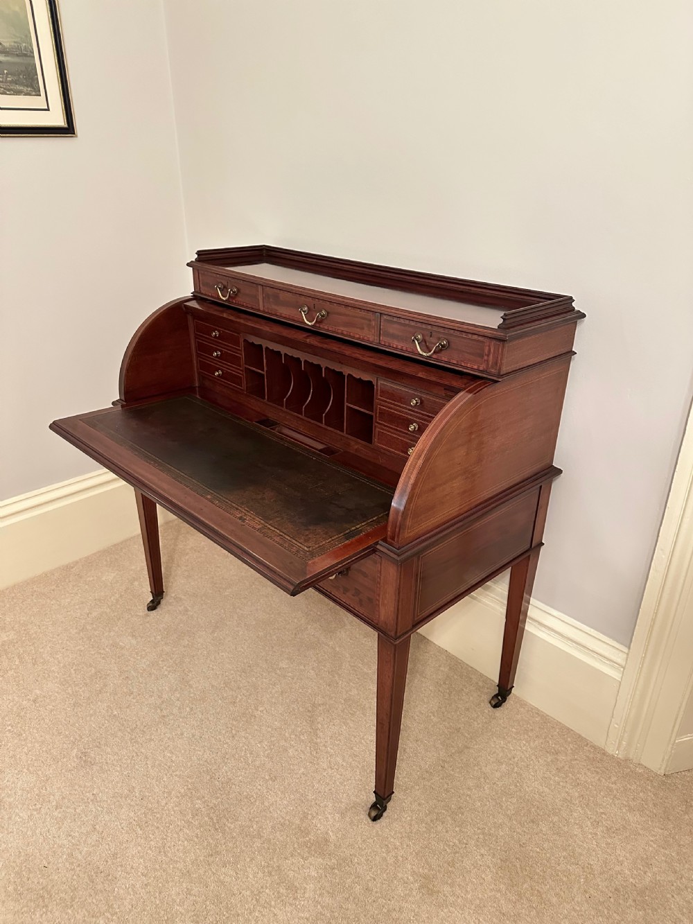 Mahogany Inlaid Roll Top / Cylinder Desk By Maple And Co London C.1890. View II