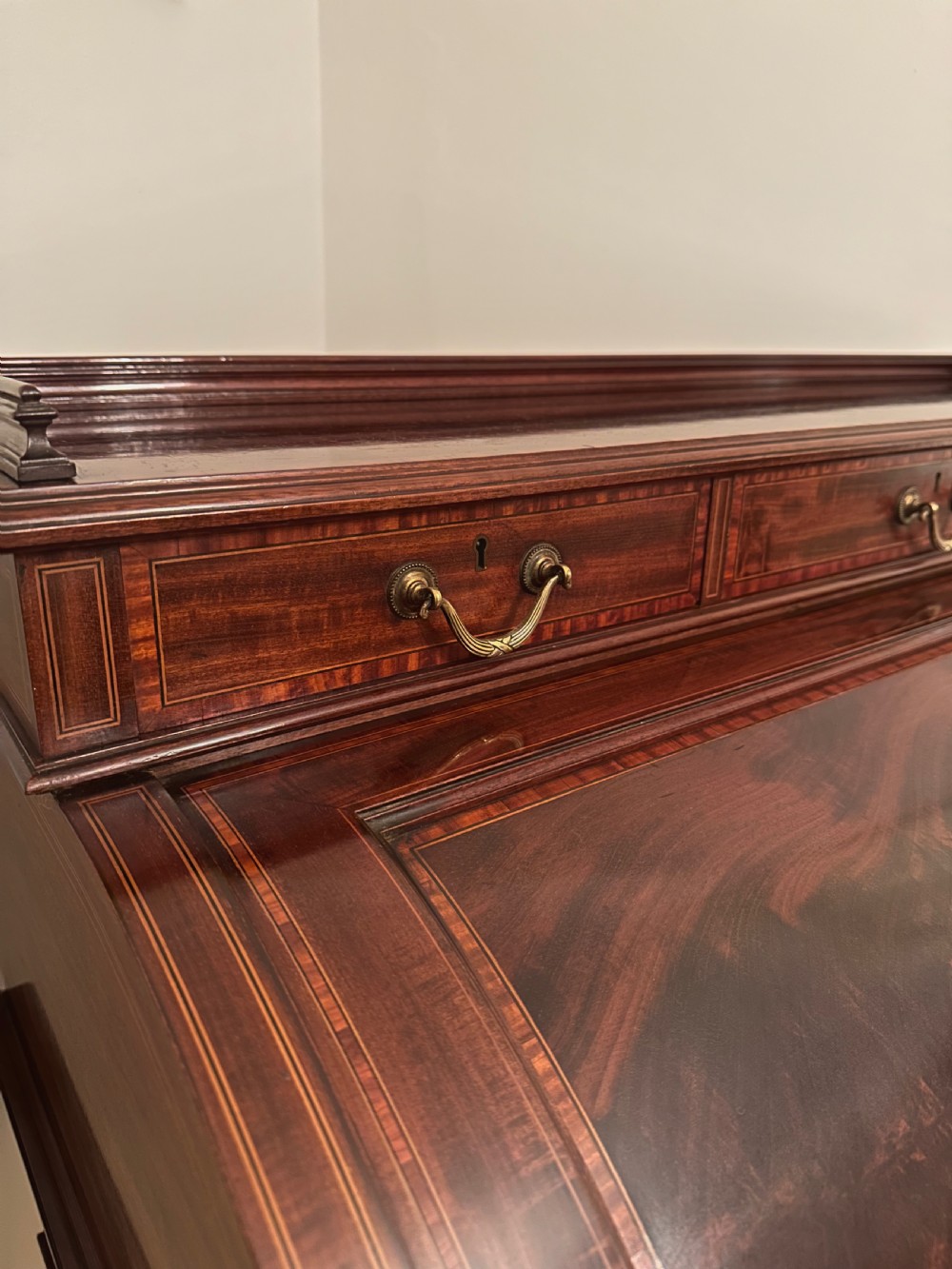 Mahogany Inlaid Roll Top / Cylinder Desk By Maple And Co London C.1890. View IV