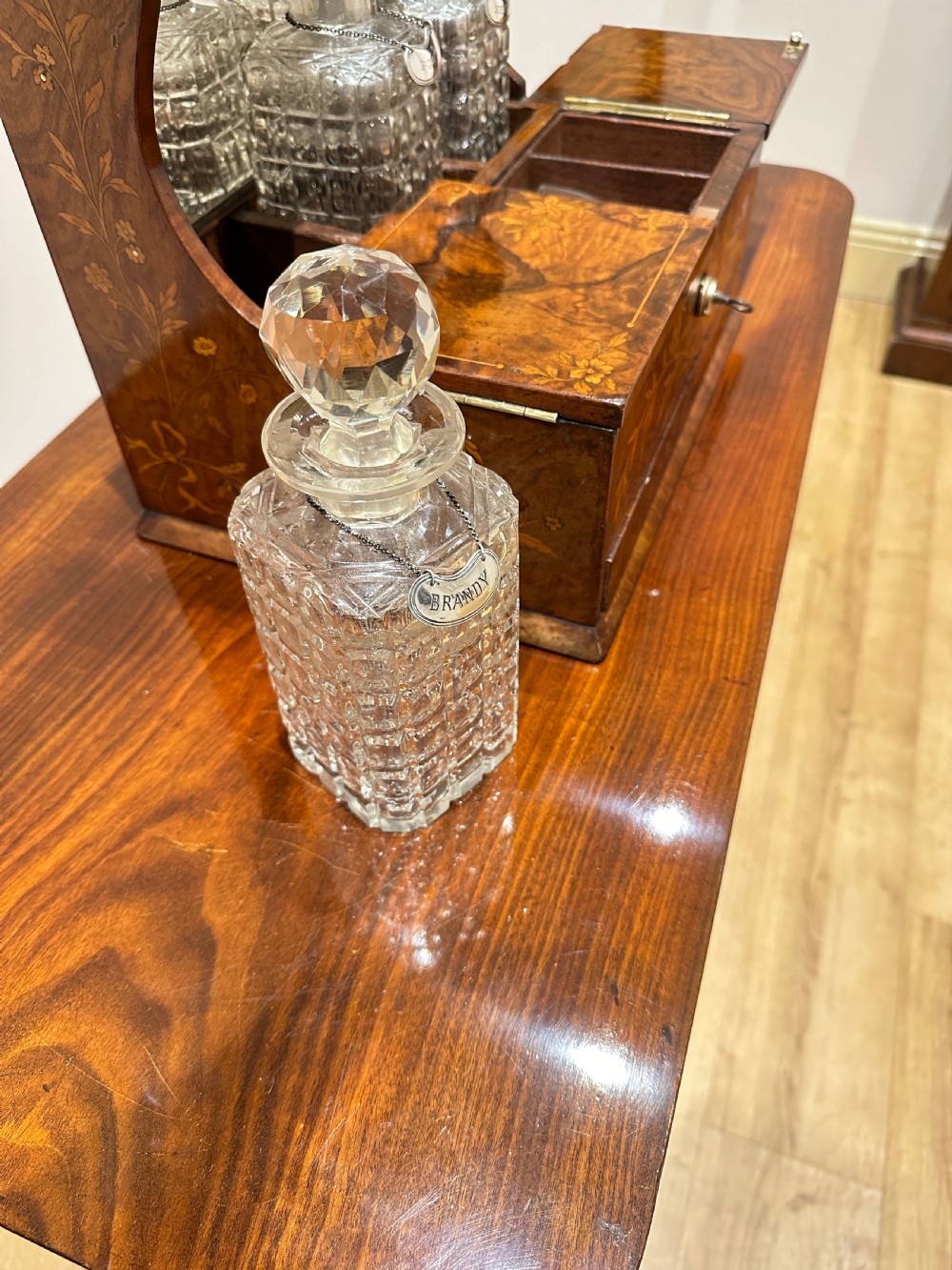 A Fine Quality Inlaid Walnut Three Decanter Tantalus & Games Box. View V
