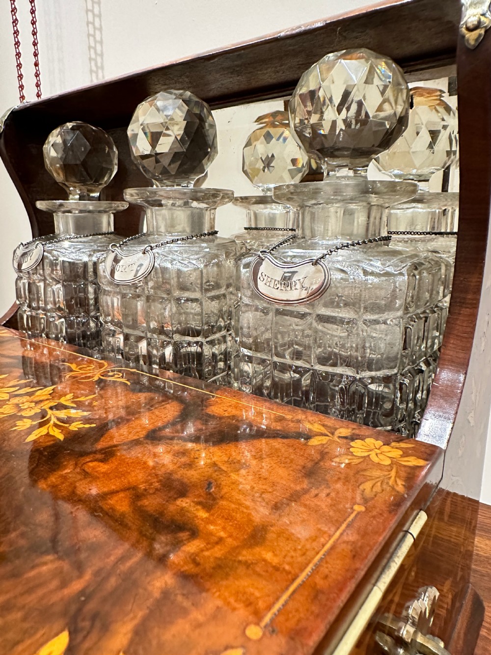 A Fine Quality Inlaid Walnut Three Decanter Tantalus & Games Box. View VI