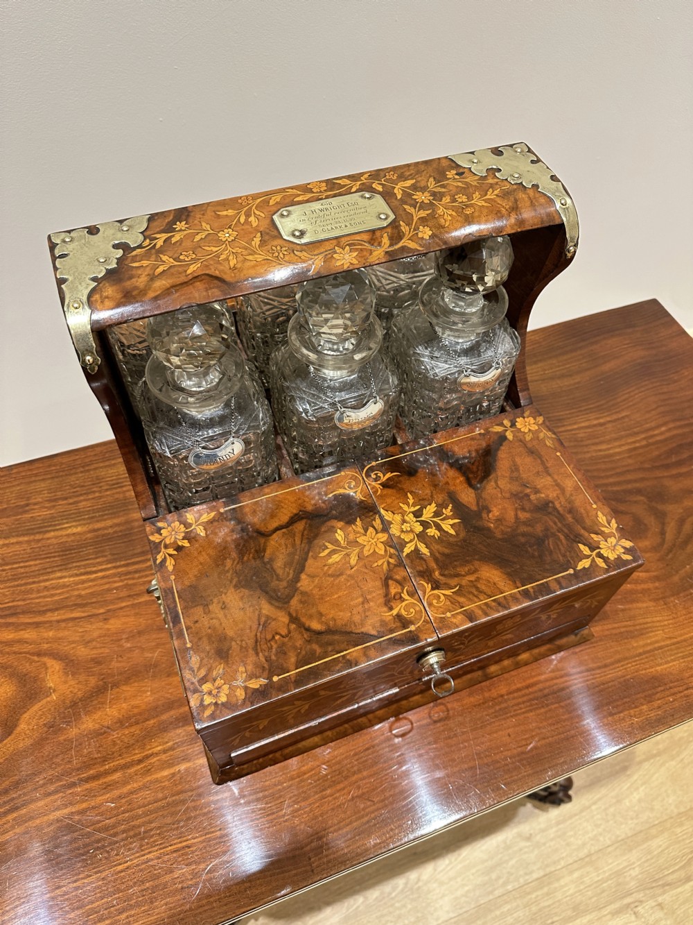 A Fine Quality Inlaid Walnut Three Decanter Tantalus & Games Box. View XIV