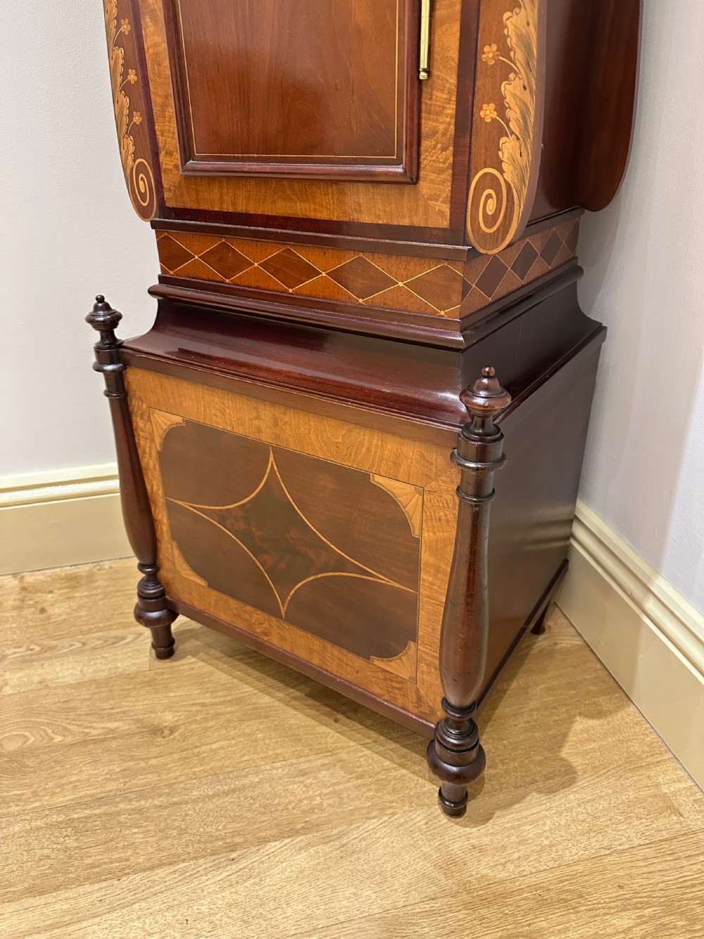A Quarter Chiming Sheraton Revival Long Case / Longcase / Grandfather Clock By S Smith & Son Of London. View XIII