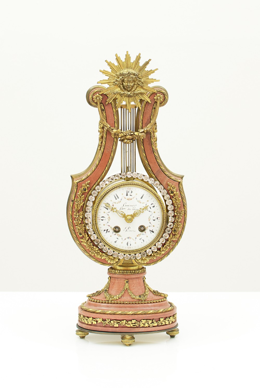 A French Marble and Ormolu Mount Lyre Mystery Mantel Clock.