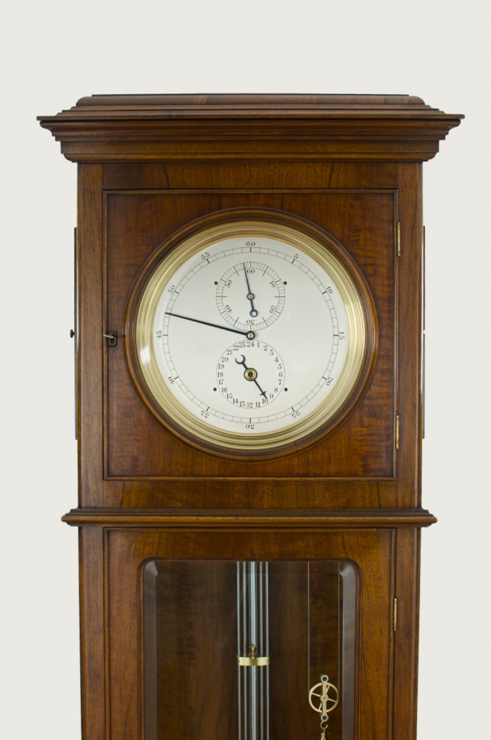 An Edwardian Lenzkirch precision regulator longcase clock housed in a dark walnut case featuring a silvered dial and glazed door revealing a brass pendulum. View XV