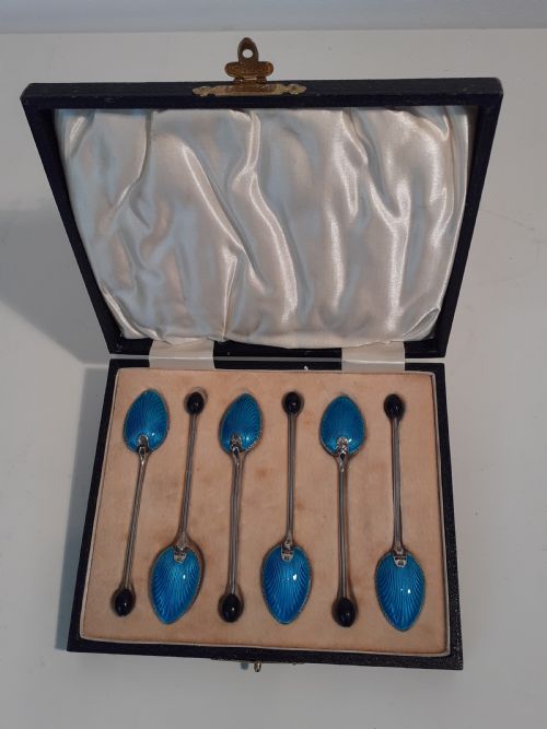 Six Silver Blue Enamelled Coffee Spoons, Art Deco, Birmingham 1931