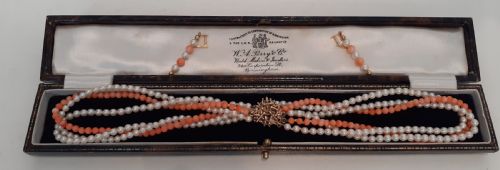 1940'S Coral and Cultured Pearl Necklace & Earrings on 9 Carat Gold