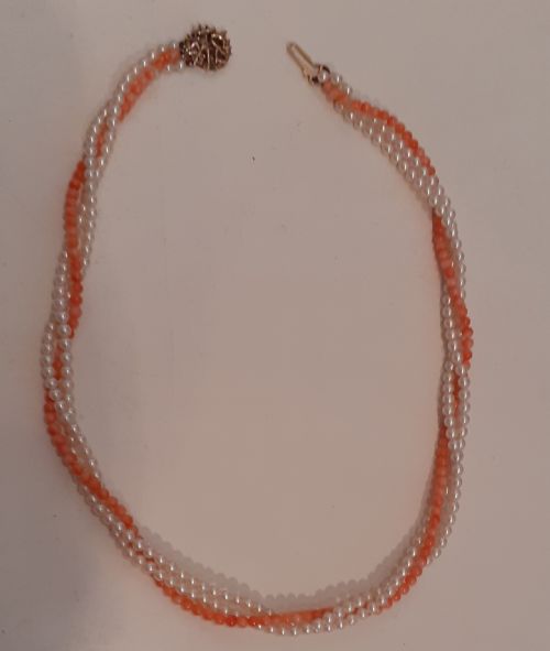 fig 1. 1940's Coral and Cultured Pearl Necklace & Earrings on 9 carat gold