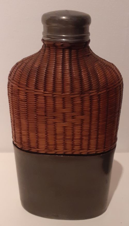 Early 1900'S Pewter, Glass and Wicker Rattan Flask