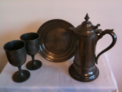 Walker & Hall Pewter Communion Jug, Plate & Goblets