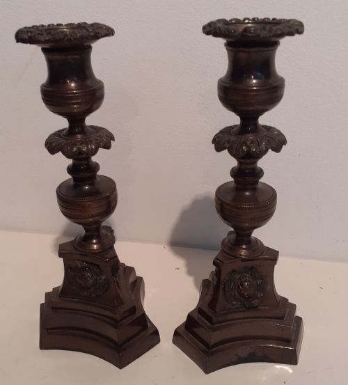 19th Century Pair of Patinated French Candlesticks