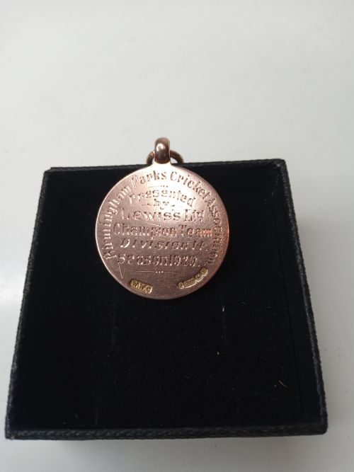 fig 1. Nine Carat Gold FOB, Birmingham Parks Cricket Association, 1929