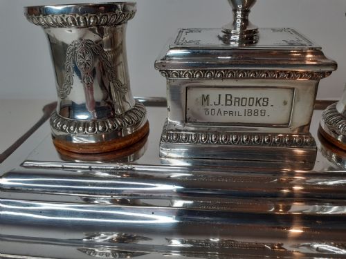 VICTORIAN SILVERPLATED STANDISH WITH TWO INKWELLS 1889 - ADDITIONAL PHOTO 3
