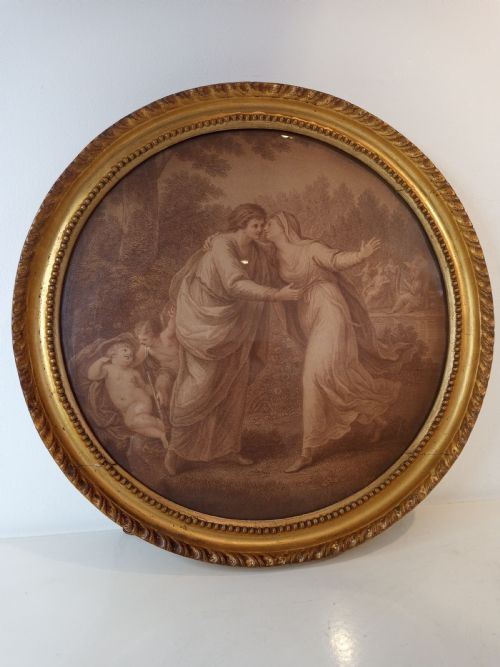 18th Century Sepia Print in Gilded Round Frame