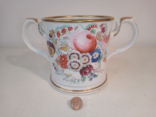 fig 1. Large, hand painted Love Handle Mug from the 1850's