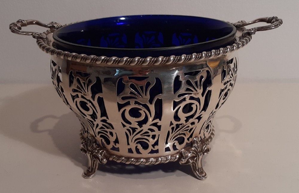 Silver Sweet Dish with Cobalt Blue Glass Liner, Hallmarked Birmingham 1962