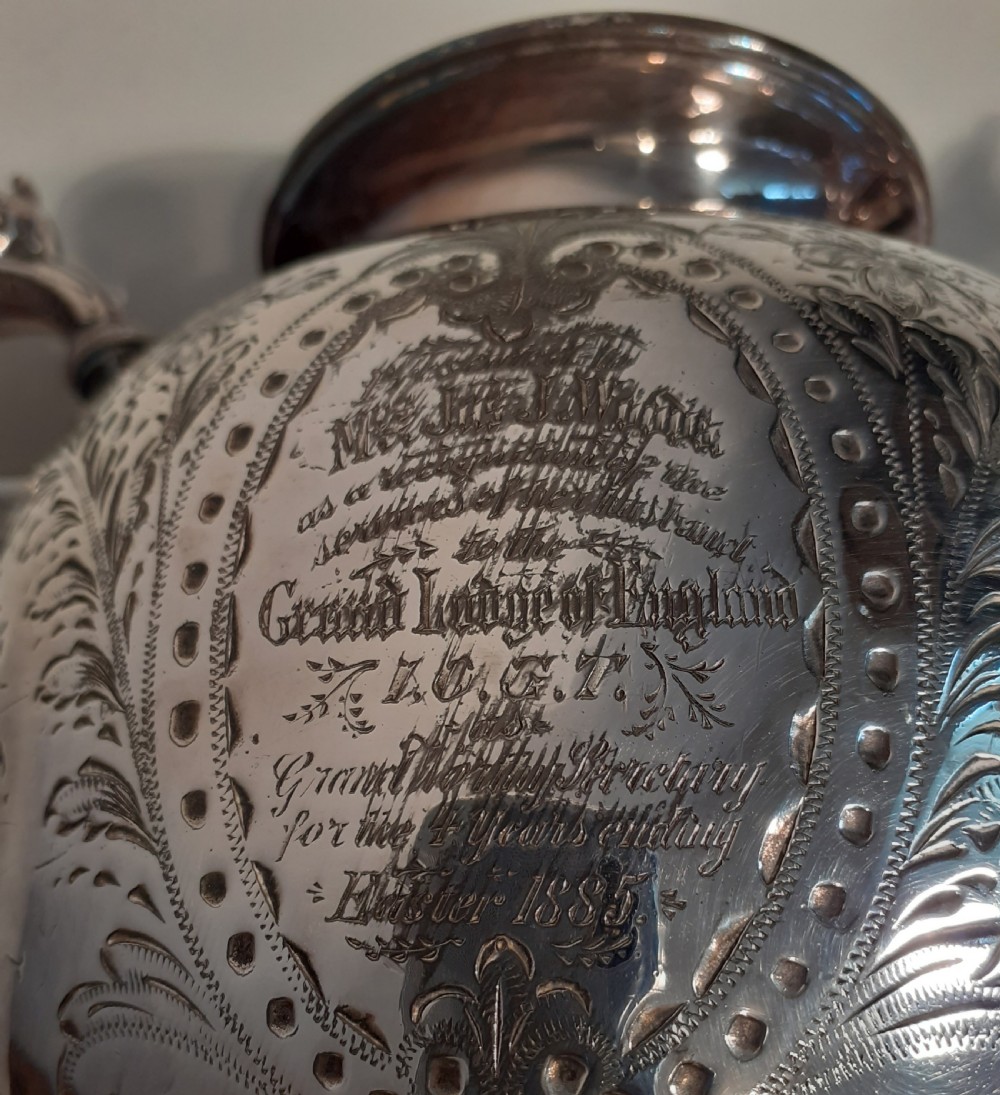 Freemason's Silver plated Teamaker dated 1885  View II