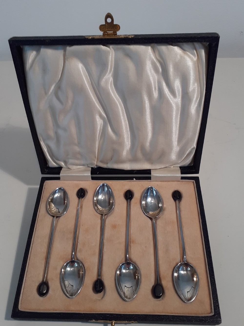 Six Silver blue enamelled Coffee spoons, Art Deco, Birmingham 1931 View II