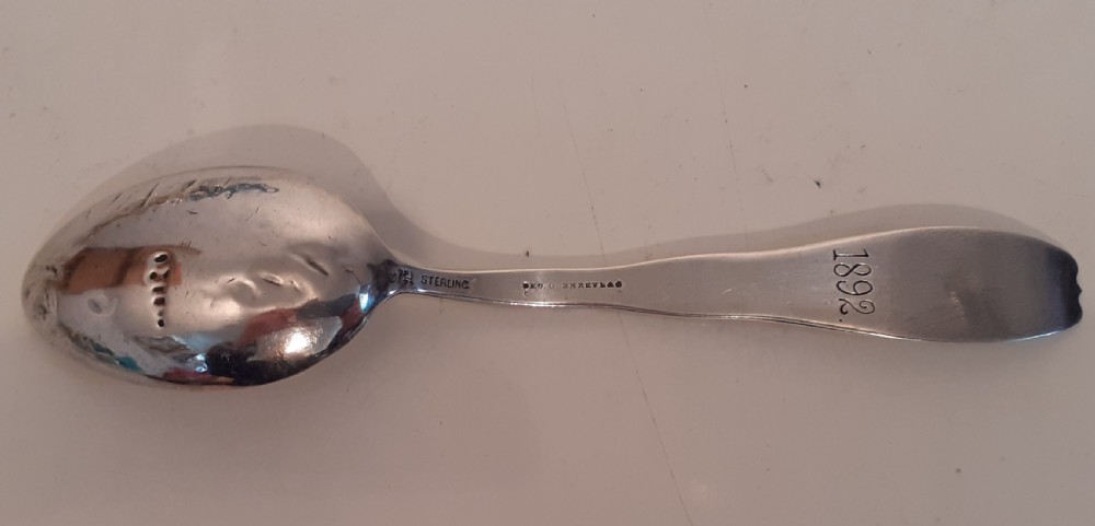 An antique silver souvenir spoon featuring an embossed depiction of San Francisco in the bowl and detailed botanical relief motifs on the handle. View II