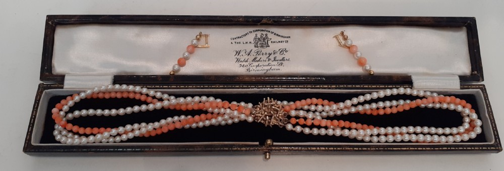 1940's Coral and Cultured Pearl Necklace & Earrings on 9 carat gold