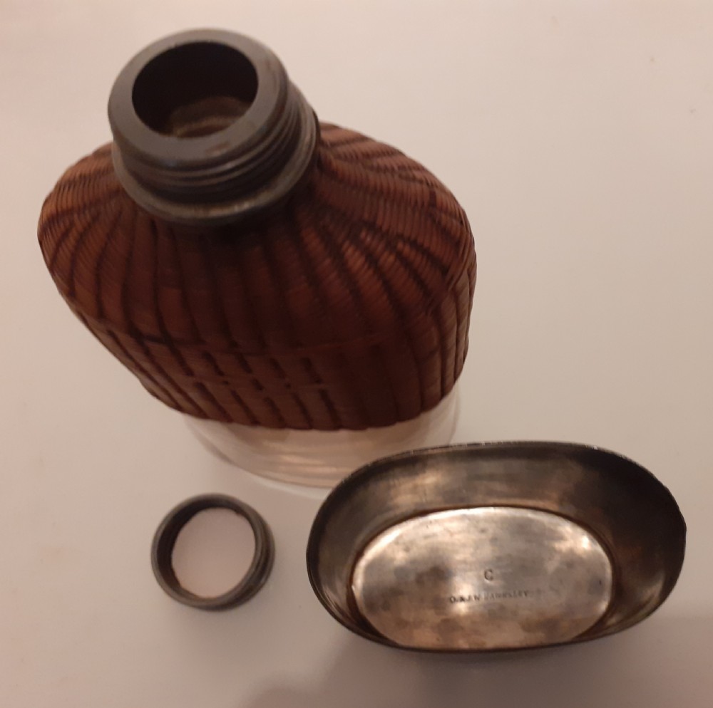 Early 1900's Pewter, Glass and Wicker Rattan Flask View III