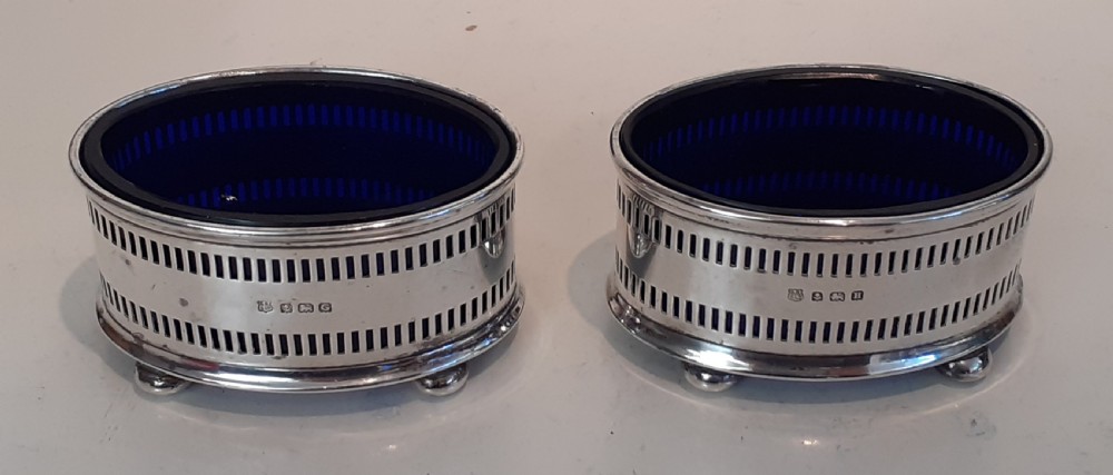 Pair of Silver Salts with Blue Glass Liners, Hallmarked 1932
