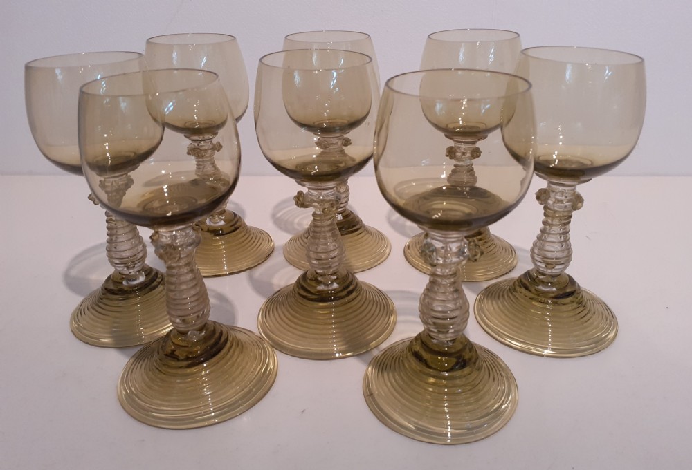 Set of late Art Nouveau (1890-1910) German green Wine Glasses 