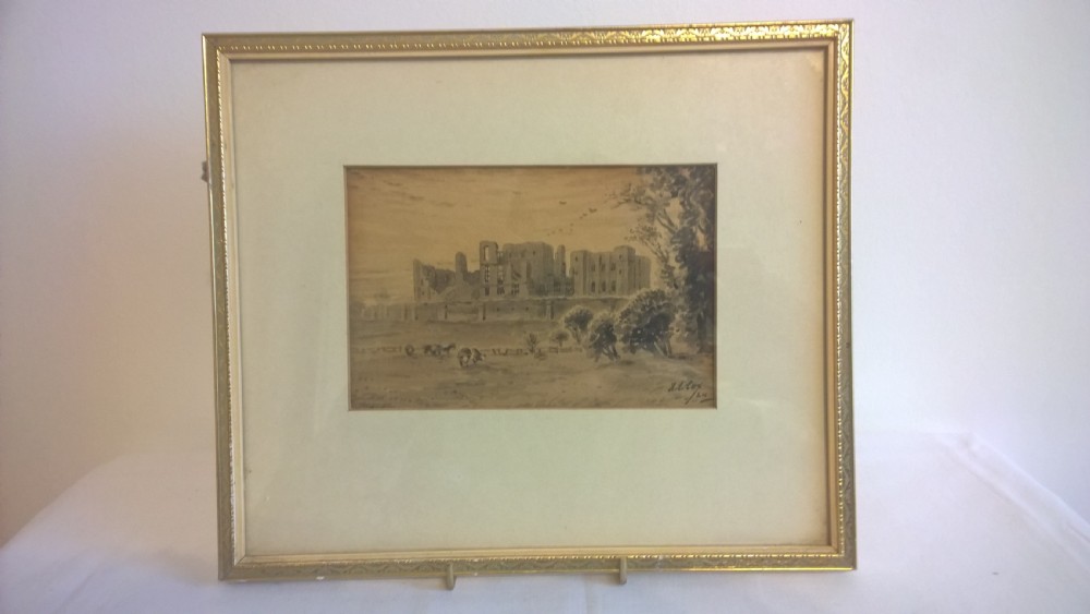 A framed 1924 sepia watercolour landscape depicting the ruins of Kenilworth Castle with cattle in the foreground.