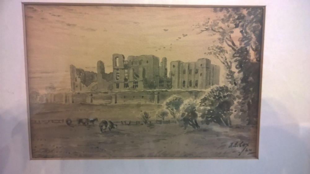 A framed 1924 sepia watercolour landscape depicting the ruins of Kenilworth Castle with cattle in the foreground. View II