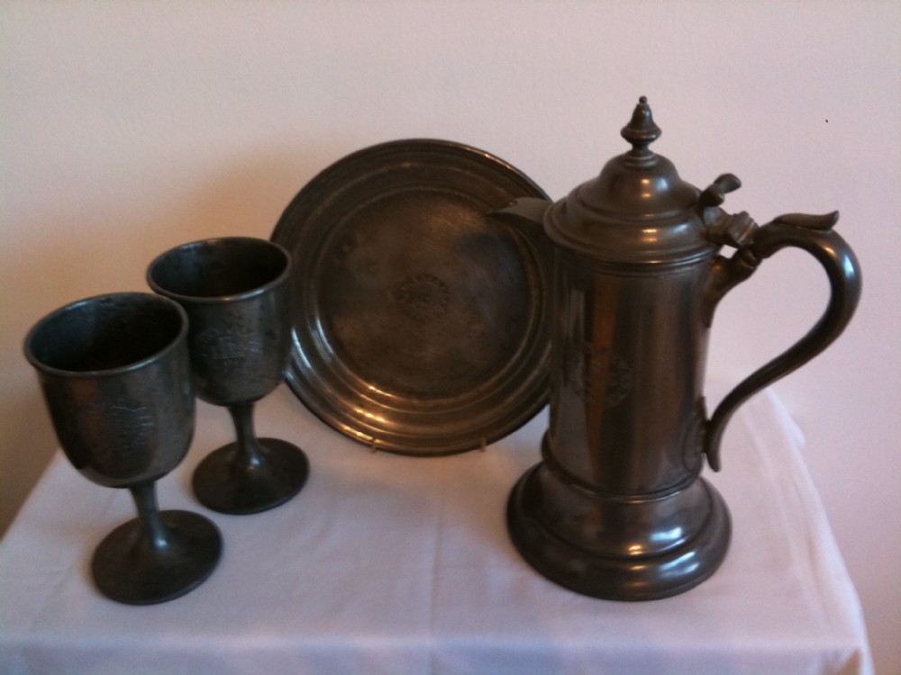 Walker & Hall Pewter Communion Jug, Plate & Goblets