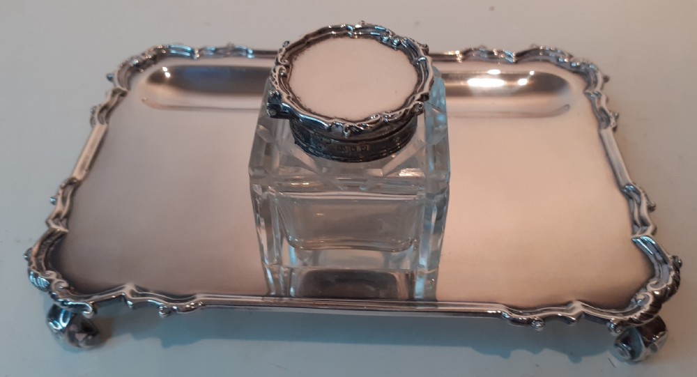 Harrods Crystal Inkwell with Silver Lid and Stand. Hallmarked 1929