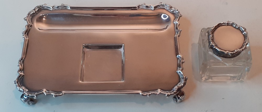 Harrods Crystal Inkwell with Silver Lid and Stand. Hallmarked 1929 View II