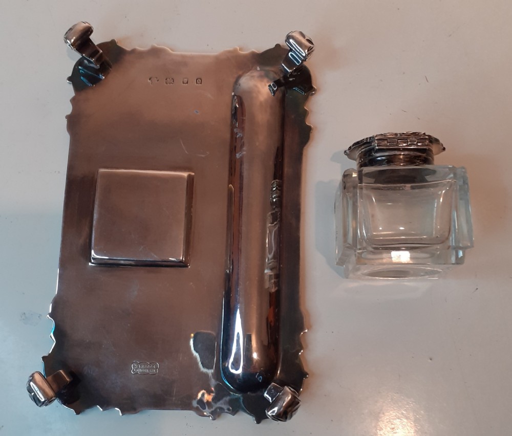 Harrods Crystal Inkwell with Silver Lid and Stand. Hallmarked 1929 View III