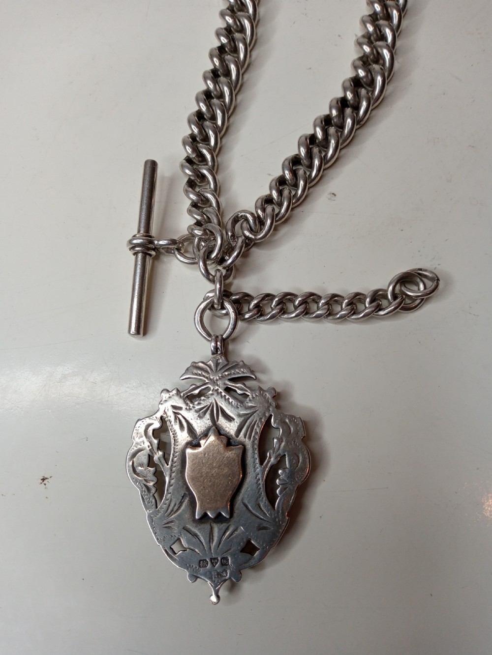 Sterling Silver FOB Chain with T-Bar and FOB. 1906 and 1913 