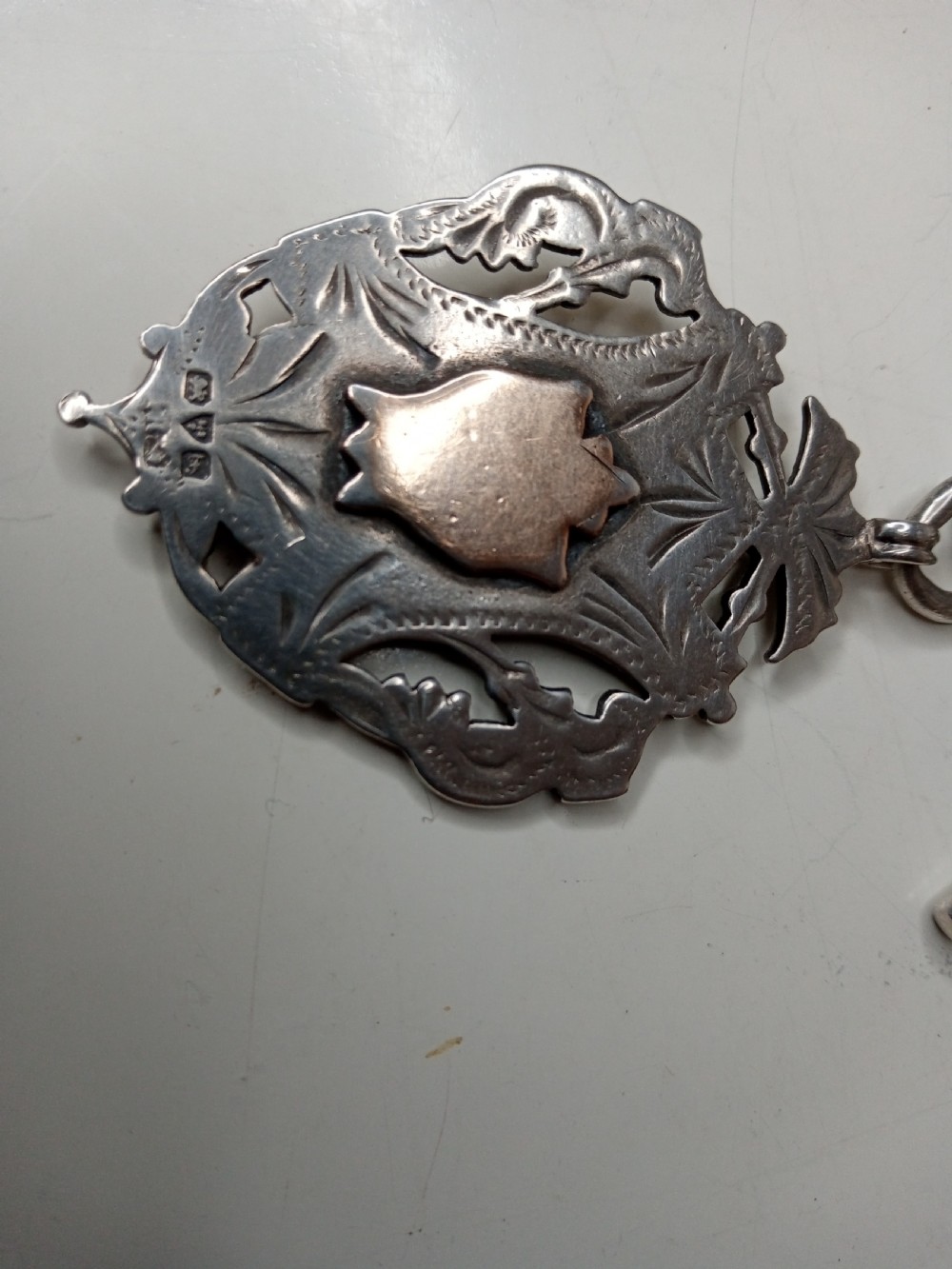 Sterling Silver FOB Chain with T-Bar and FOB. 1906 and 1913  View V