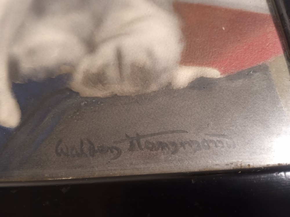A framed 1940s portrait depicting an English bulldog sitting in front of a Union Jack flag inside a dark wooden frame. View III