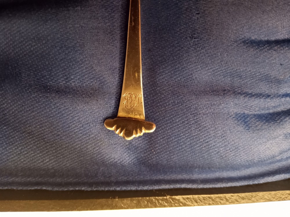A boxed set of six late nineteenth-century sterling silver coffee spoons with fluted shell-shaped bowls set against a blue fabric lining. View III