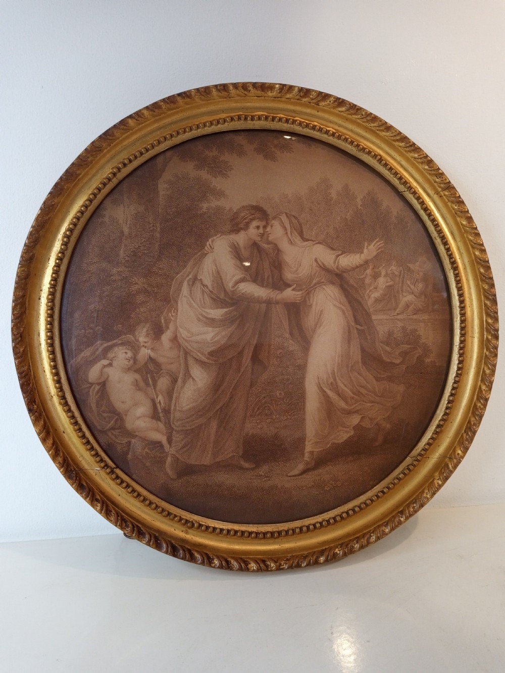 18th century Sepia Print in gilded round frame 