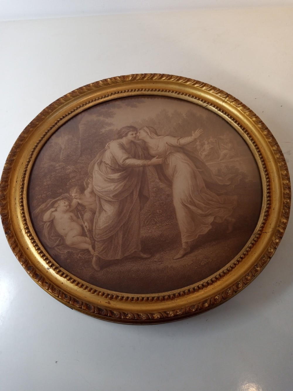 18th century Sepia Print in gilded round frame  View II