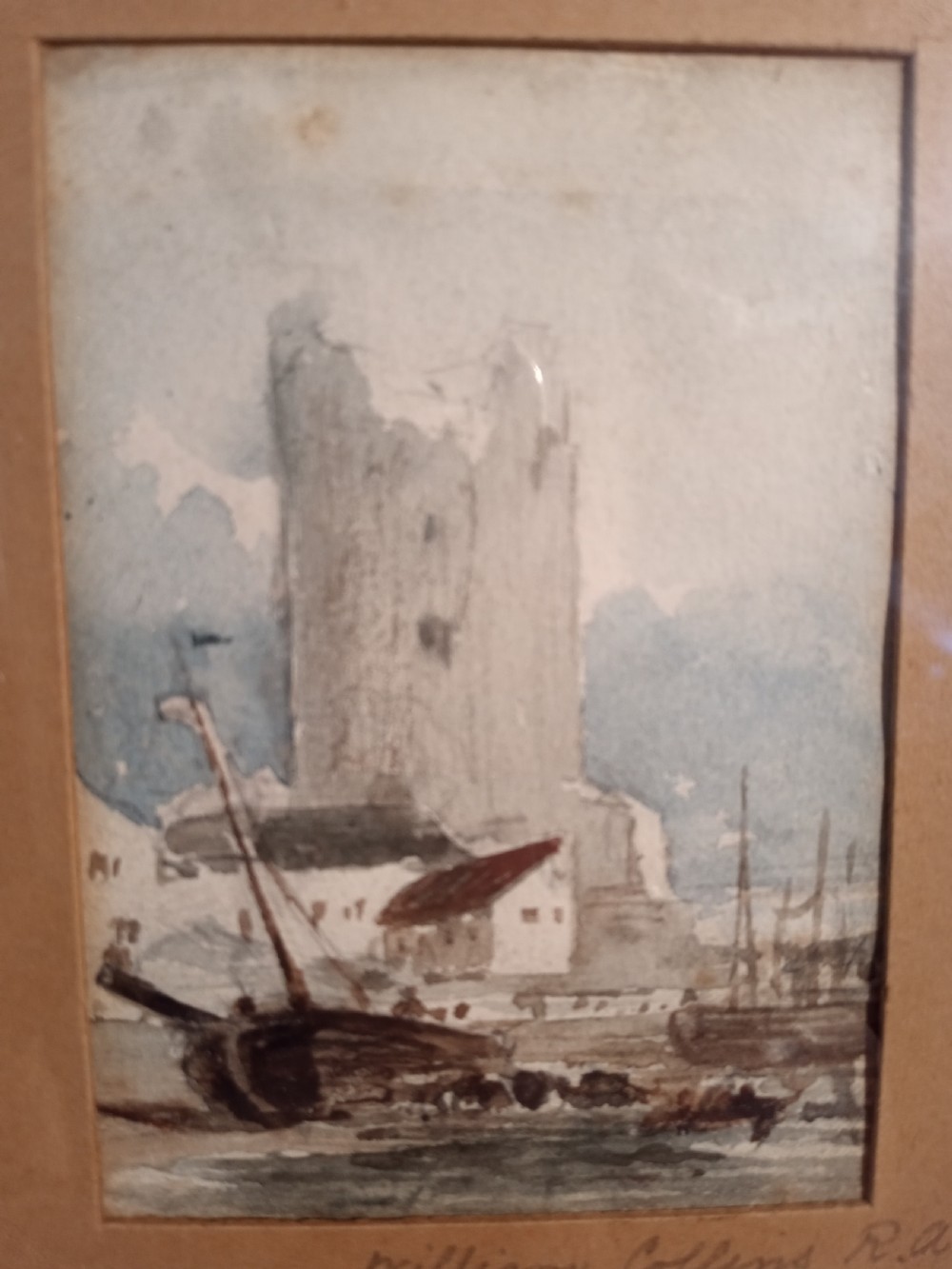 A 19th-century watercolour painting depicting a tall stone ruin alongside a harbour with boats in muted blue, grey, and brown tones.