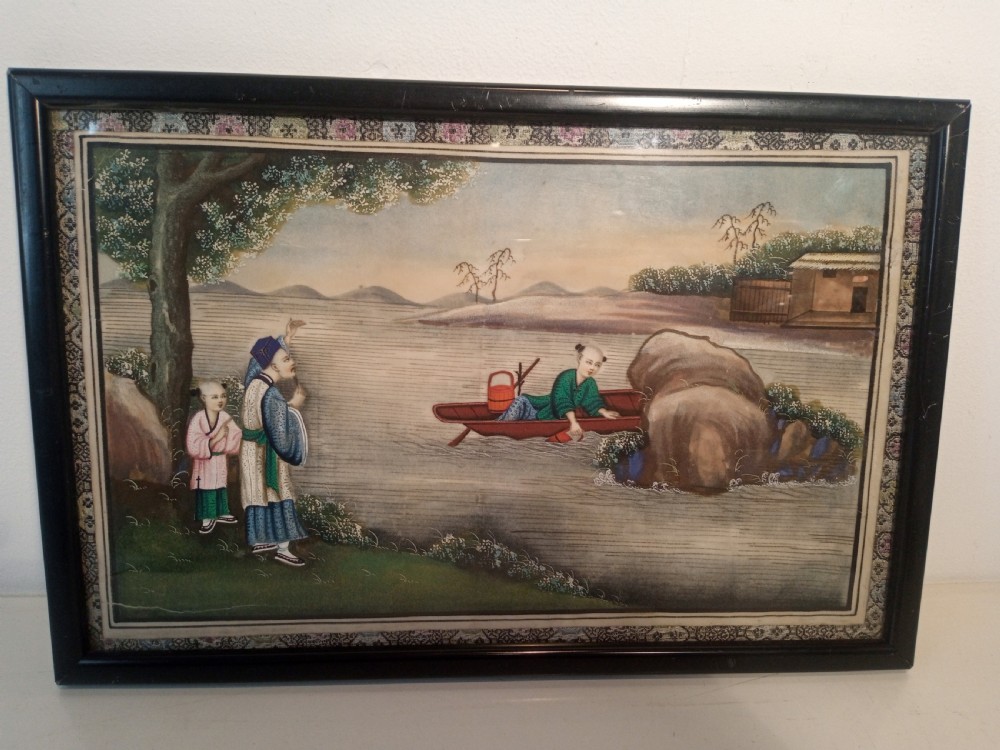 Framed late nineteenth-century Chinese watercolour painting depicting figures on a riverbank and in a small boat against a landscape backdrop.