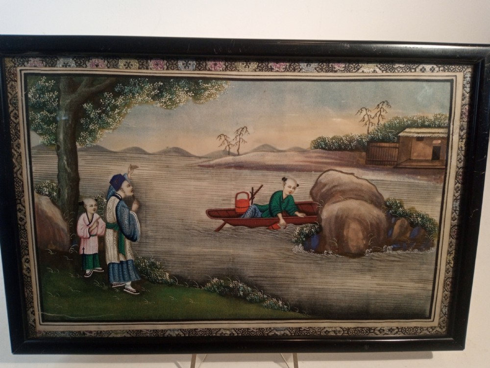 Framed late nineteenth-century Chinese watercolour painting depicting figures on a riverbank and in a small boat against a landscape backdrop. View II