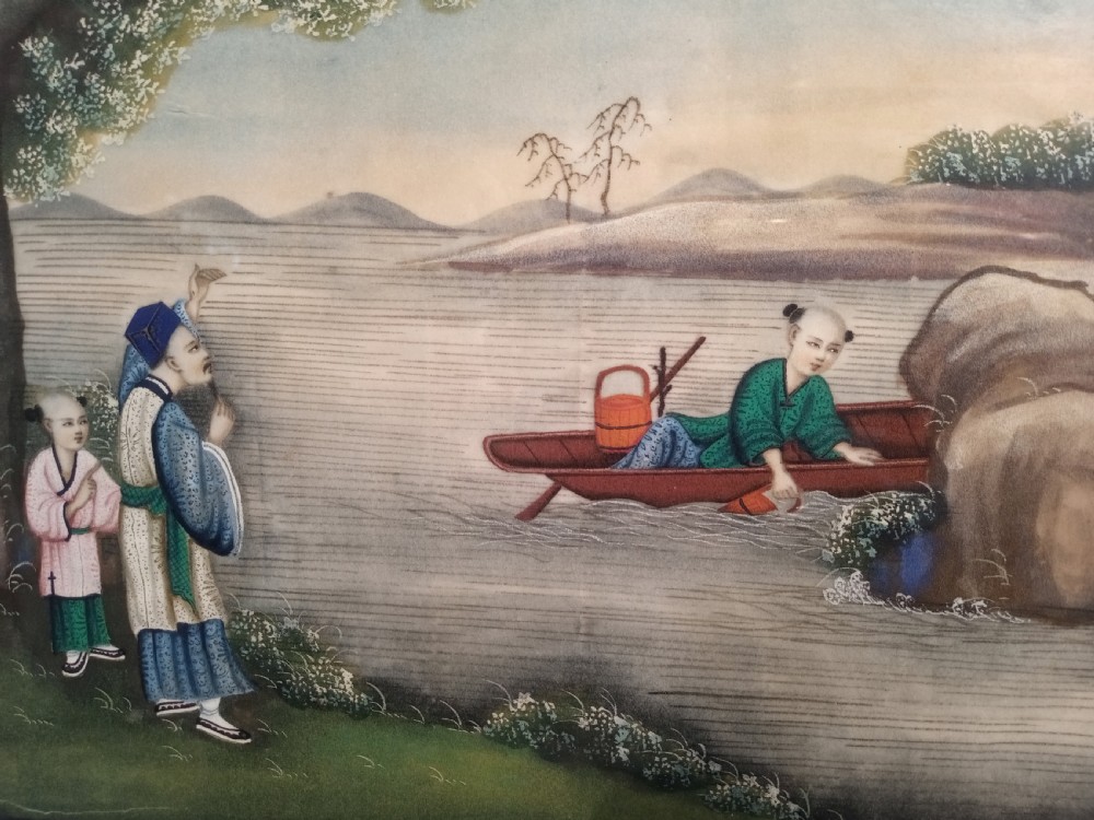 Framed late nineteenth-century Chinese watercolour painting depicting figures on a riverbank and in a small boat against a landscape backdrop. View III