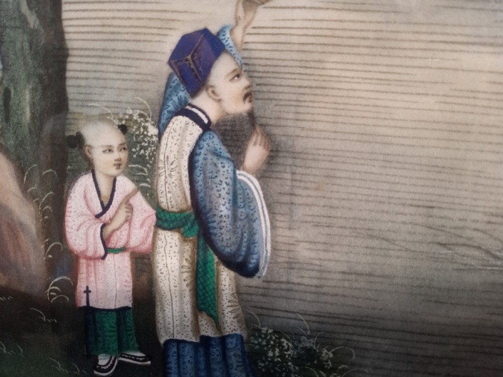 Framed late nineteenth-century Chinese watercolour painting depicting figures on a riverbank and in a small boat against a landscape backdrop. View IV