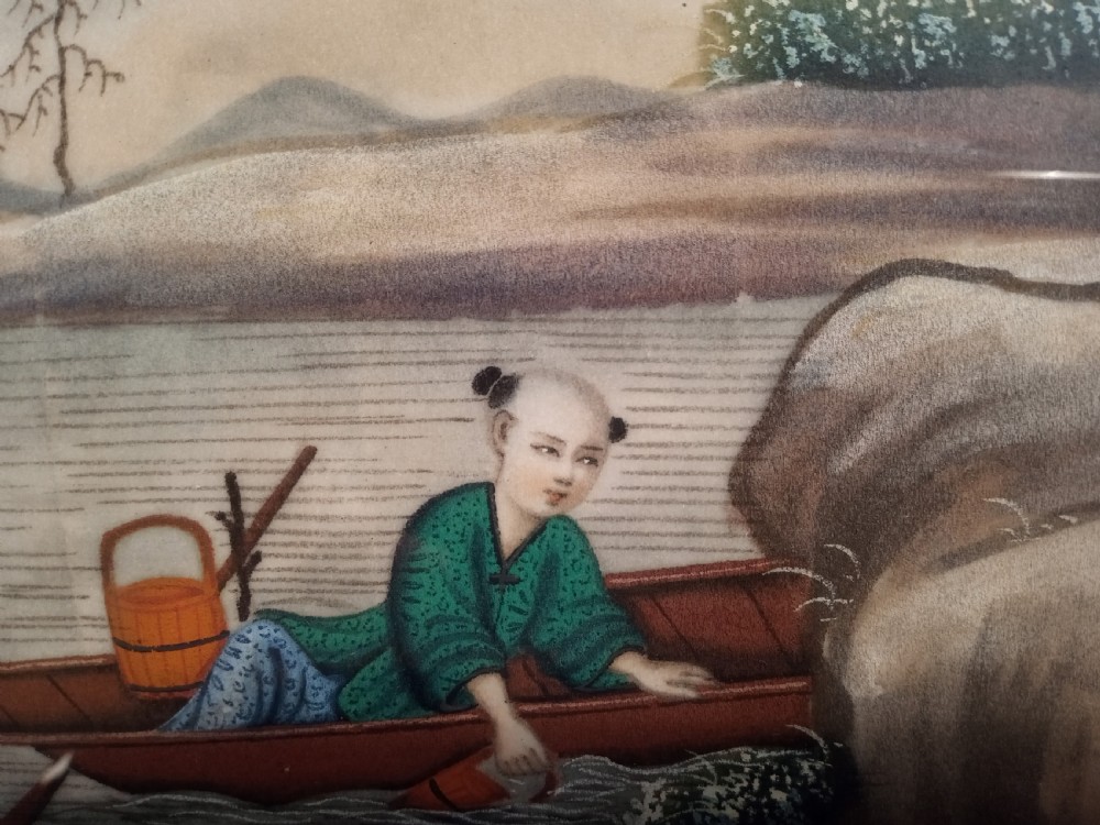 Framed late nineteenth-century Chinese watercolour painting depicting figures on a riverbank and in a small boat against a landscape backdrop. View V
