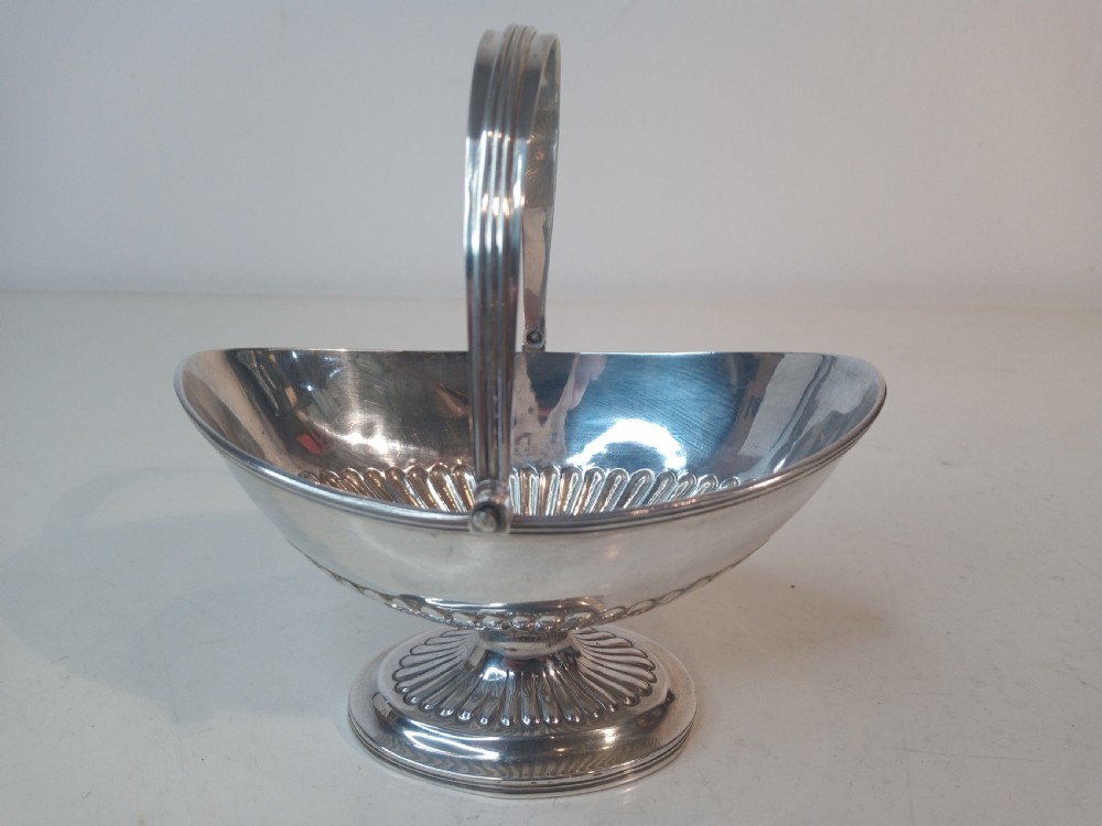 A Victorian sterling silver sweet basket featuring a pedestal foot, fluted detailing, and an upright swing handle.