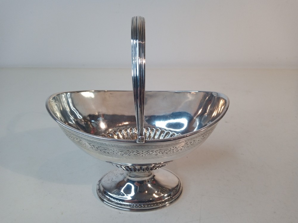 A Victorian sterling silver pedestal sweet basket featuring a reeded overhead handle, fluted interior base, and engraved decorative rim band.